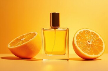 Orange perfume bottle on orange background, oranges next to it, light from window. Fruity aroma. Space for text.