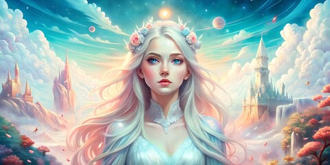 Obraz premium Ethereal woman with flowing hair and floral headpiece in a dreamlike fantasy landscape with castles and celestial background