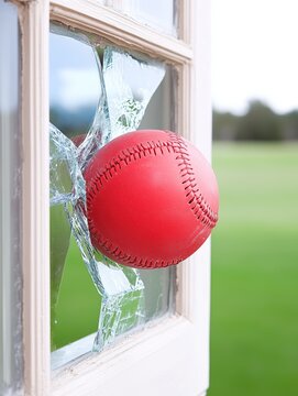 A red baseball is stuck in a broken window