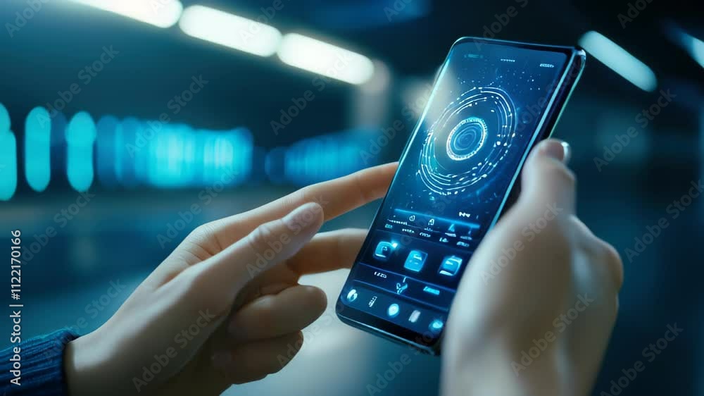 Poster Exploring Futuristic Technology With a Sleek Smartphone Interface in a Modern Environment