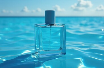 Perfume jar on water against the sea. Space for text.