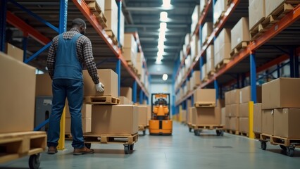 Fototapeta premium The image shows a man in a warehouse, pushing a pallet truck with several cardboard boxes on it.
