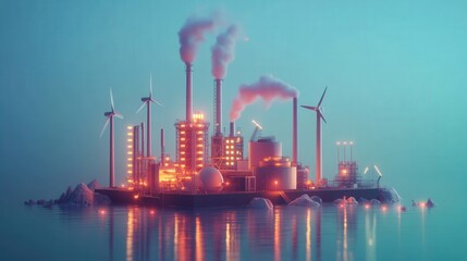 Obraz premium Industrial Island Complex Featuring Wind Turbines and Smokestacks