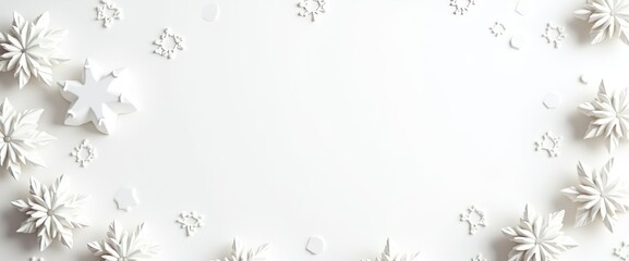 Winter white simple background for a banner, 3D volumetric white snowflakes around the perimeter