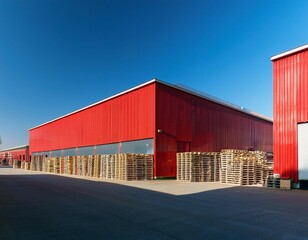 Obraz premium red warehouses lined with wooden pallets under a clear blue sky in an industrial area