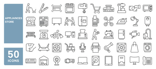 Set of 50 line icons related to appliances store, household, tv, stove, vacuum, technology, machine, electronics, Editable stroke. Vector illustration