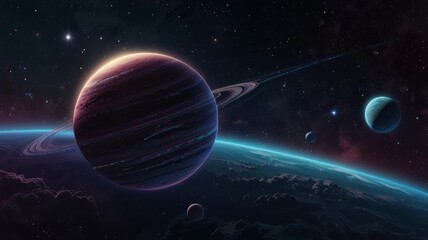 Cosmic landscape gas giant planet with rings, other planets, stars, and nebula in deep space.