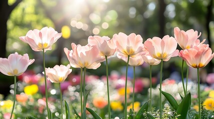 Pink Tulips Bask In Bright Sunny Springtime Light