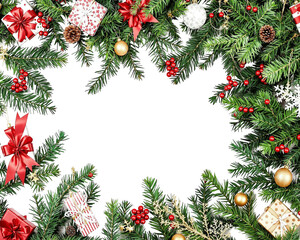 Christmas tree corner border and red box, boll, berries with gold lights isolated and Christmas decoration on transparent background.