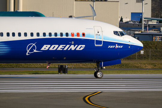 Everett, WA, USA - December 4, 2024; Boeing 737 MAX 10 experimental aircraft on runway in company colors
