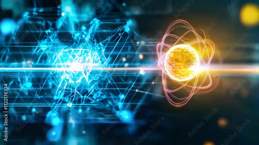 Poster exploring the dance of atoms and energy in a vibrant digital universe