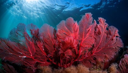 Obraz premium a close up view of vibrant red algae with delicate fronds showcasing the beauty and intricacy of underwater life the image evokes feelings of tranquility nature and the wonders of the ocean
