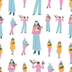 Seamles pattern. Cute girls are going to a costume party.  Flat illustration. Transparent background. Design placat, banner, card