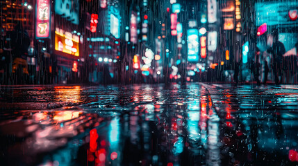 Obraz premium Neon city street at night with reflections on wet pavement and falling rain, showcasing vibrant lights and urban atmosphere