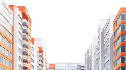 Modern apartment buildings with orange and white facades, framed against a clear white sky, urban housing concept
