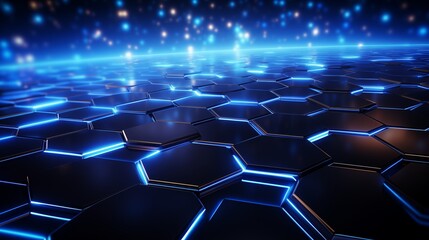 Naklejka premium Abstract futuristic background with hexagons and blue neon lights. 3d rendering, 3D rendering of abstract hexagon background with blue neon
