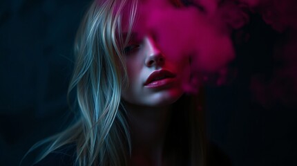 Naklejka premium Mysterious Vapor: A woman with long blonde hair, partially obscured by vibrant pink and blue smoke, creates a captivating and enigmatic portrait.