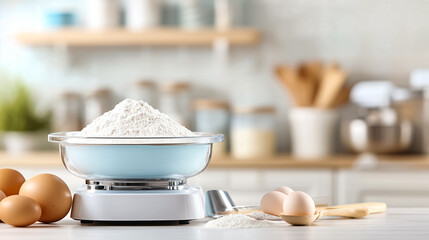 Kitchen scales measure flour and eggs among utensils, highlighting baking ingredients in a bright kitchen