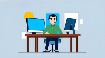 Fototapeta premium corporate businessman sitting at a desk in a modern office, focused on work with a computer and documents for professional, executive, or business concepts 