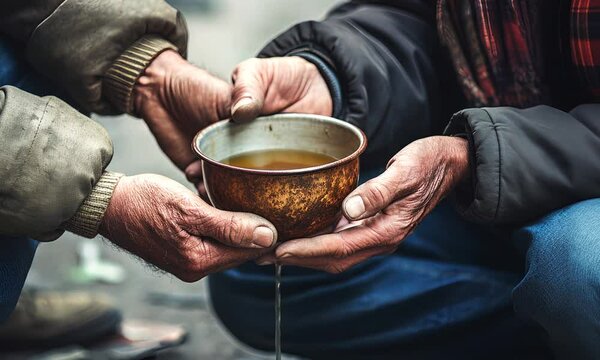 A homeless man holds a bowl of food in his hands, close-up. A man feeds a poor old man on the street. Concept: mercy and helping people in need.