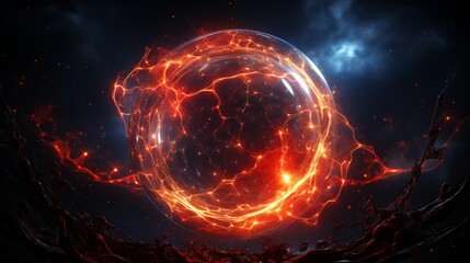 Abstract red energy sphere made of particles and waves of magical glow on a dark