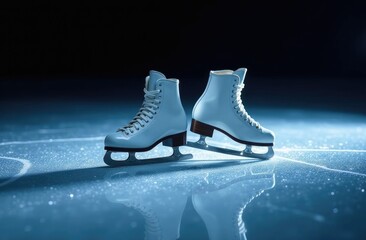 Two white figure skates on ice.