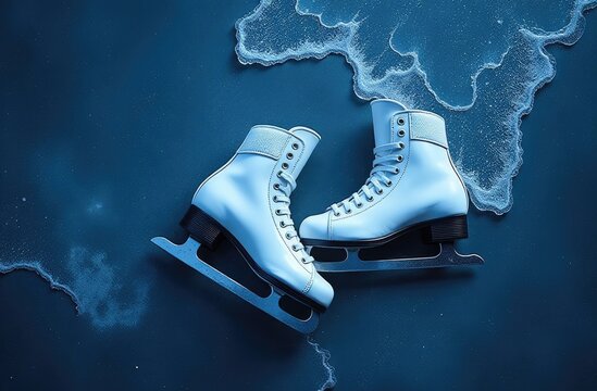Two white figure skates on ice.