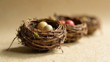 Three bird nests with eggs in them are shown