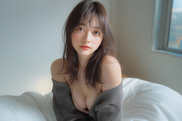 Naklejka premium ベッドでリラックスする寝起きの女性