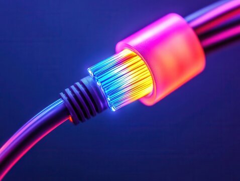 Close-up of a fiber optic cable glowing under UV light, artistic and technical
