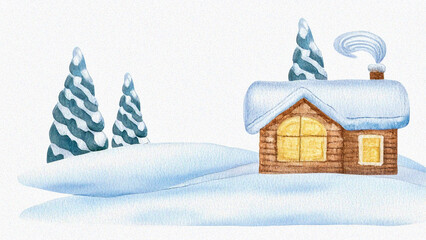 Winter landscape with house, snow and trees. Christmas village house, snowy village. Merry christmas. Hand drawn illustration isolated on white background. Village house decorated in snow in winter