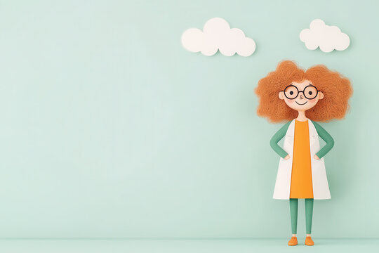 Cartoon Style Illustration of Redheaded Woman Scientist with Glasses in White Coat on Pastel Background with Clouds