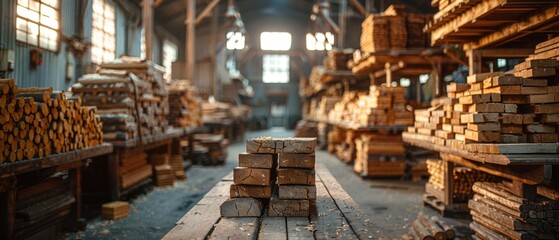 Lumber Warehouse Wooden planks timber and logs storage