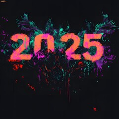 new year  2025 with 3D glow in black background ai generative