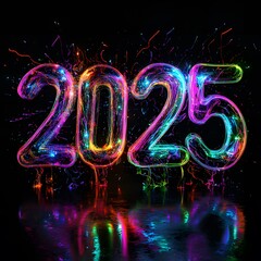 new year  2025 with 3D glow in black background ai generative