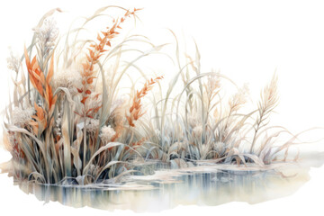 Frozen reeds on a white background. Watercolor painting 