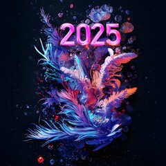 new year  2025 with 3D glow in black background ai generative