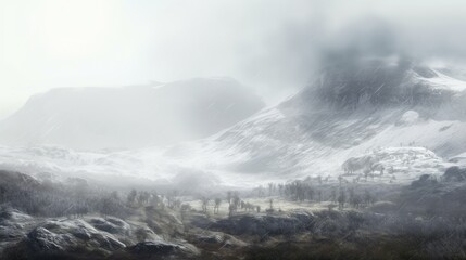 Obraz premium A snowy mountain landscape shrouded in mist, evoking a sense of tranquility and isolation.