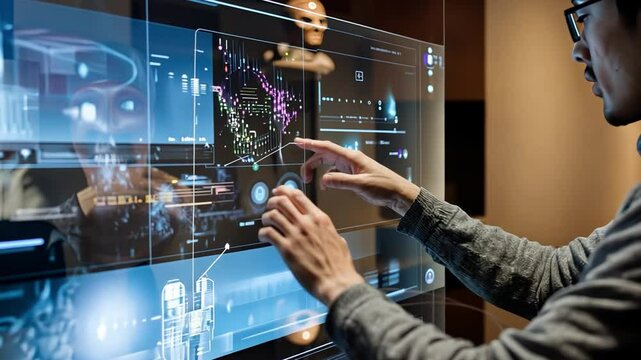 Interactive Data Visualization: A tech-savvy professional interacts with a futuristic, transparent display showcasing dynamic data visualizations. This image evokes a sense of innovation, progress.