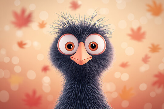 Cute cartoon bird with big eyes and fluffy feathers against autumn-themed background with falling leaves