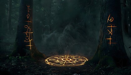Ancient Black Magic Symbols Glowing on the Forest Floor