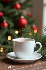 Fototapeta premium Christmas mockup white coffee/tea cup on table and branches Christmas tree wreath and Christmas background. Mug template for your design