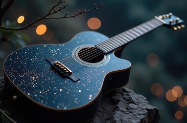 Close-up of an electric guitar against a forest background.