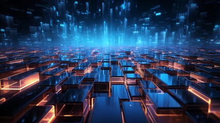 Obraz premium A background with neon blue squares arranged in a random pattern with a distortion effect