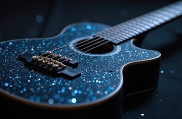 Electric guitar close-up, background, glare, glow, blue, dark, gray