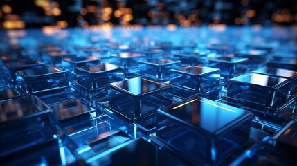 A background with neon blue squares arranged in a random pattern with a distortion effect