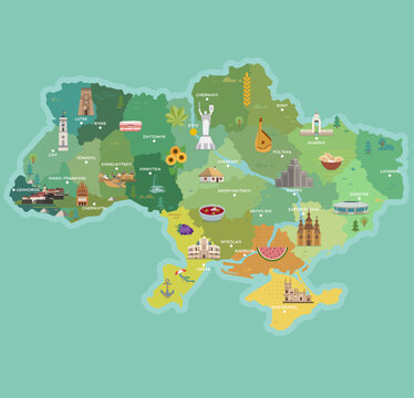 Stylized map of Ukraine. Travel illustration with Ukraine landmarks.