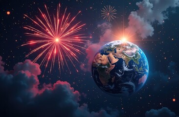 Fireworks, holiday, salute, earth, planet, space, world. Festive New Year background