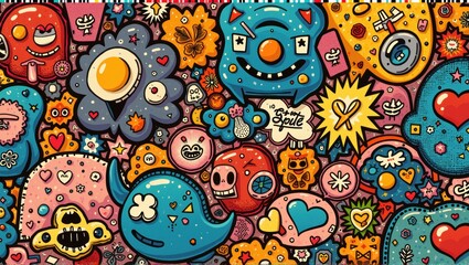 Fototapeta premium Colorful, whimsical doodle art with various characters, objects, and shapes; vibrant and playful design. Generative, AI,