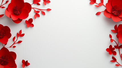 Minimalistic Lunar New Year paper flower border in bright red tones